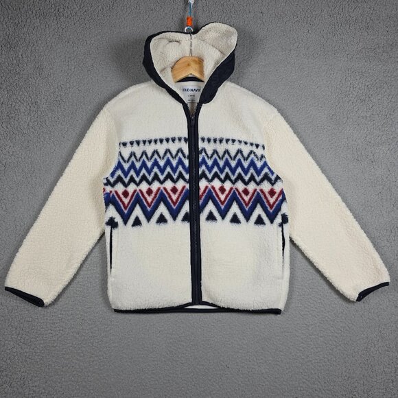 Old Navy Sherpa Jacket Kids Size Large 10-12 Sherpa Argyle Fair Isle Full Zip - Picture 1 of 10